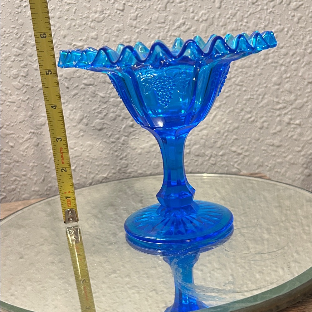Blue Glass Ruffled Edge Compote, Cottage Core, Boho chic - Picture 4 of 10